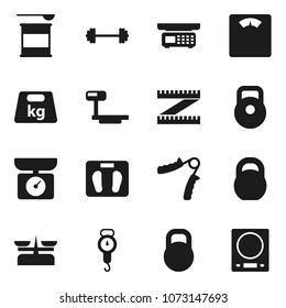 Flat vector icon set - scales vector, barbell, measuring, weight, hand trainer, sports nutrition, big, store, kitchen