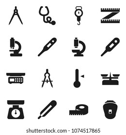 Flat vector icon set - scales vector, thermometer, drawing compass, measuring, stethoscope, microscope, store, epilator