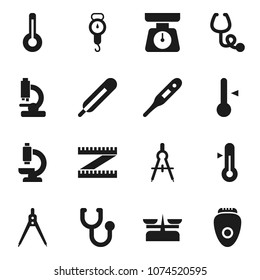 Flat vector icon set - scales vector, thermometer, drawing compass, measuring, stethoscope, microscope, store, epilator