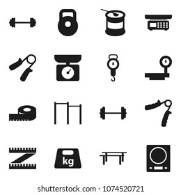 Flat vector icon set - scales vector, barbell, measuring, weight, hand trainer, horizontal bar, sports nutrition, big, store, kitchen