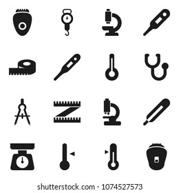 Flat vector icon set - scales vector, thermometer, drawing compass, measuring, stethoscope, microscope, epilator