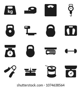 Flat vector icon set - scales vector, barbell, measuring, weight, hand trainer, sports nutrition, big, store, kitchen