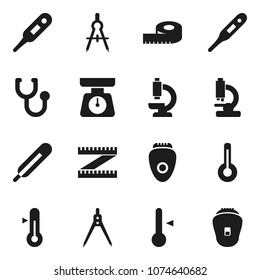Flat vector icon set - scales vector, thermometer, drawing compass, measuring, stethoscope, microscope, epilator