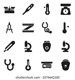 Flat vector icon set - scales vector, thermometer, drawing compass, measuring, stethoscope, microscope, store, epilator