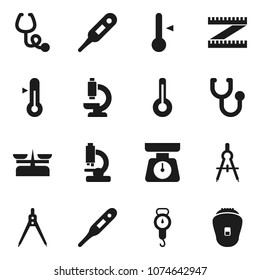 Flat vector icon set - scales vector, thermometer, drawing compass, measuring, stethoscope, microscope, store, epilator