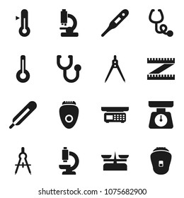Flat vector icon set - scales vector, thermometer, drawing compass, measuring, stethoscope, microscope, store, epilator