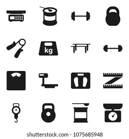 Flat vector icon set - scales vector, barbell, measuring, weight, hand trainer, horizontal bar, sports nutrition, big, store, kitchen