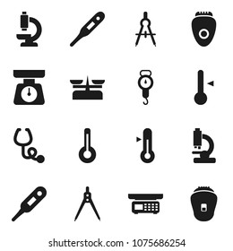 Flat vector icon set - scales vector, thermometer, drawing compass, stethoscope, microscope, store, epilator