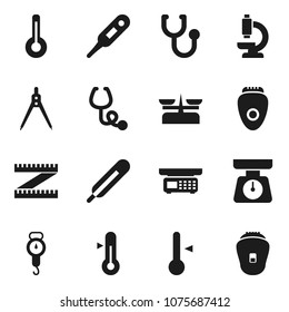 Flat vector icon set - scales vector, thermometer, drawing compass, measuring, stethoscope, microscope, store, epilator