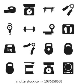 Flat vector icon set - scales vector, barbell, measuring, weight, hand trainer, horizontal bar, sports nutrition, big, kitchen