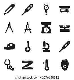 Flat vector icon set - scales vector, thermometer, drawing compass, measuring, stethoscope, microscope, store, epilator