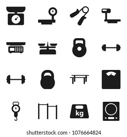 Flat vector icon set - scales vector, barbell, weight, hand trainer, horizontal bar, big, store, kitchen
