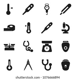 Flat vector icon set - scales vector, thermometer, drawing compass, measuring, stethoscope, microscope, store, epilator