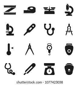 Flat vector icon set - scales vector, thermometer, drawing compass, measuring, stethoscope, microscope, store, epilator