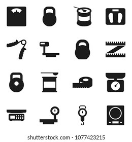 Flat vector icon set - scales vector, measuring, weight, hand trainer, sports nutrition, big, store, kitchen