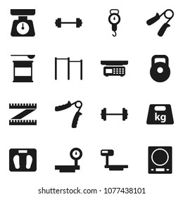 Flat vector icon set - scales vector, barbell, measuring, weight, hand trainer, horizontal bar, sports nutrition, big, store, kitchen