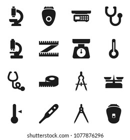 Flat vector icon set - scales vector, thermometer, drawing compass, measuring, stethoscope, microscope, store, epilator