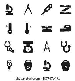 Flat vector icon set - scales vector, thermometer, drawing compass, measuring, stethoscope, microscope, store, epilator