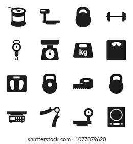 Flat vector icon set - scales vector, barbell, measuring, weight, hand trainer, sports nutrition, big, store, kitchen