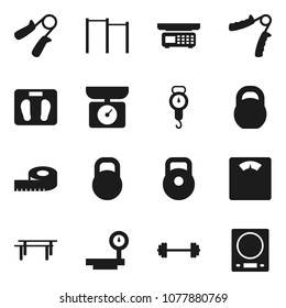 Flat vector icon set - scales vector, barbell, measuring, weight, hand trainer, horizontal bar, big, store, kitchen