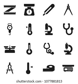 Flat vector icon set - scales vector, thermometer, drawing compass, measuring, stethoscope, microscope, store