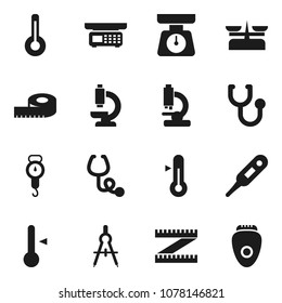 Flat vector icon set - scales vector, thermometer, drawing compass, measuring, stethoscope, microscope, store, epilator