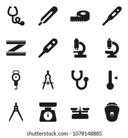 Flat vector icon set - scales vector, thermometer, drawing compass, measuring, stethoscope, microscope, store, epilator