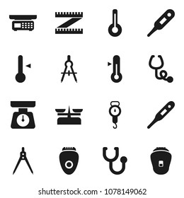Flat vector icon set - scales vector, thermometer, drawing compass, measuring, stethoscope, store, epilator