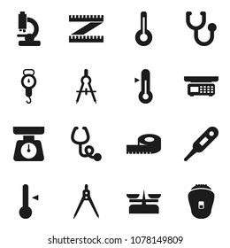Flat vector icon set - scales vector, thermometer, drawing compass, measuring, stethoscope, microscope, store, epilator