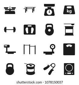 Flat vector icon set - scales vector, barbell, weight, hand trainer, horizontal bar, sports nutrition, big, store, kitchen