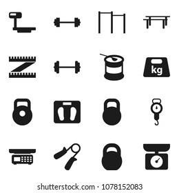 Flat vector icon set - scales vector, barbell, measuring, weight, hand trainer, horizontal bar, sports nutrition, big, store, kitchen