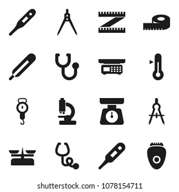 Flat vector icon set - scales vector, thermometer, drawing compass, measuring, stethoscope, microscope, store, epilator