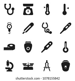 Flat vector icon set - scales vector, thermometer, drawing compass, measuring, stethoscope, microscope, store, epilator