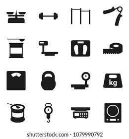 Flat vector icon set - scales vector, barbell, measuring, weight, hand trainer, horizontal bar, sports nutrition, big, store, kitchen
