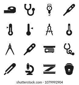 Flat vector icon set - scales vector, thermometer, drawing compass, measuring, stethoscope, microscope, store, epilator