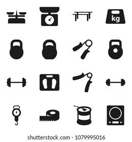 Flat vector icon set - scales vector, barbell, measuring, weight, hand trainer, horizontal bar, sports nutrition, store, kitchen