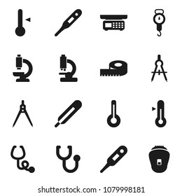 Flat vector icon set - scales vector, thermometer, drawing compass, measuring, stethoscope, microscope, store, epilator