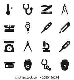 Flat vector icon set - scales vector, thermometer, drawing compass, measuring, stethoscope, microscope, store, epilator