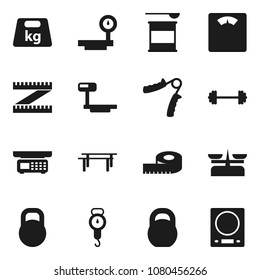 Flat vector icon set - scales vector, barbell, measuring, weight, hand trainer, horizontal bar, sports nutrition, big, store, kitchen
