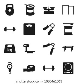 Flat vector icon set - scales vector, barbell, measuring, weight, hand trainer, horizontal bar, sports nutrition, big, store, kitchen