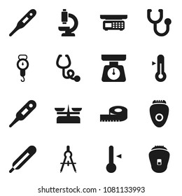 Flat vector icon set - scales vector, thermometer, drawing compass, measuring, stethoscope, microscope, store, epilator