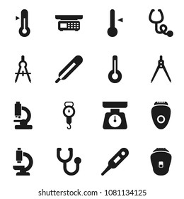 Flat vector icon set - scales vector, thermometer, drawing compass, stethoscope, microscope, store, epilator