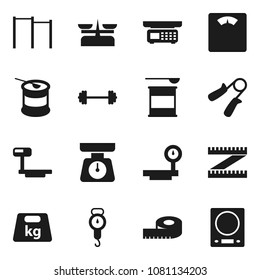 Flat vector icon set - scales vector, barbell, measuring, hand trainer, horizontal bar, sports nutrition, weight, big, store, kitchen
