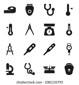 Flat vector icon set - scales vector, thermometer, drawing compass, measuring, stethoscope, microscope, store, epilator