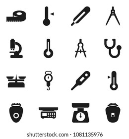 Flat vector icon set - scales vector, thermometer, drawing compass, measuring, stethoscope, microscope, store, epilator