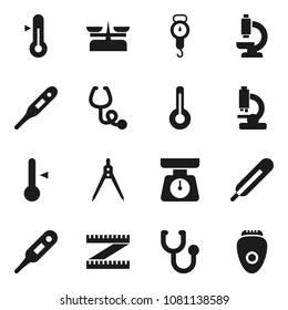 Flat vector icon set - scales vector, thermometer, drawing compass, measuring, stethoscope, microscope, store, epilator
