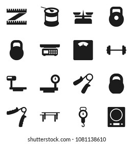 Flat vector icon set - scales vector, barbell, measuring, weight, hand trainer, horizontal bar, sports nutrition, big, store, kitchen