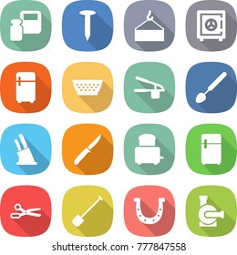 flat vector icon set - scales weight vector, nail, loading crane, safe, fridge, colander, garlic clasp, big spoon, knife holder, toaster, scissors, shovel, horseshoe, water pump