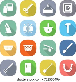 flat vector icon set - scales weight vector, surgical clamp, loading crane, safe, stands for knives, magnetic field, ladle, hammer, colander, garlic clasp, big spoon, fork, fridge, shovel, horseshoe