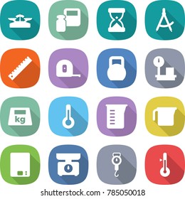 flat vector icon set - scales vector, weight, sand clock, draw compass, ruler, measuring tape, heavy, warehouse, thermometer, cup, kitchen, handle